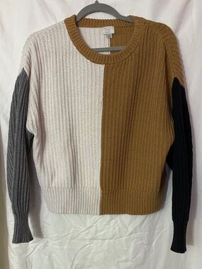 A New Day Women Colorblock Ribbed Knit Crewneck Sweater Brown Cream Large